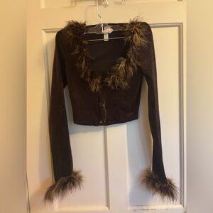 Y2K Brown velvet and fur trim crop top